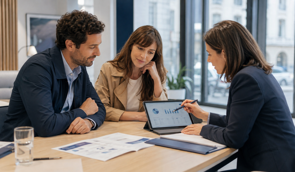 Crédit immobilier de rentrée : les banques ont-elles encore intérêt à conquérir de nouveaux emprunteurs ? Couple préparant son crédit immobilier à domicile avec une conseillère