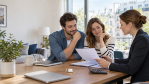 Couple étudiant une offre de crédit immobilier avec une conseillère bancaire