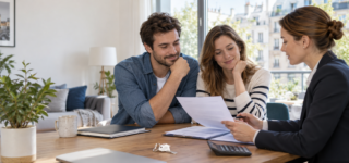 Couple étudiant une offre de crédit immobilier avec une conseillère bancaire