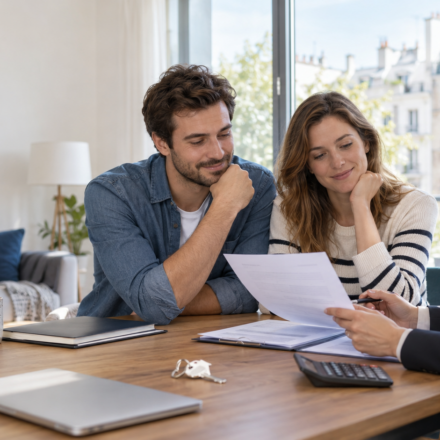 Couple étudiant une offre de crédit immobilier avec une conseillère bancaire