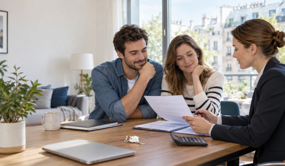 Couple étudiant une offre de crédit immobilier avec une conseillère bancaire