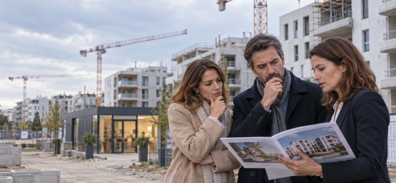 Immobilier neuf en crise : pourquoi le dispositif Jeanbrun ne séduit-il pas les investisseurs ? Couple étudiant un investissement immobilier neuf avec une professionnelle