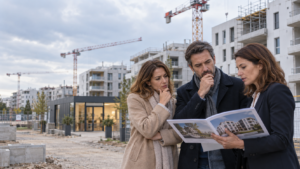 Couple étudiant un investissement immobilier neuf avec une professionnelle