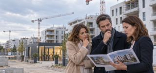 Immobilier neuf en crise : pourquoi le dispositif Jeanbrun ne séduit-il pas les investisseurs ? Couple étudiant un investissement immobilier neuf avec une professionnelle