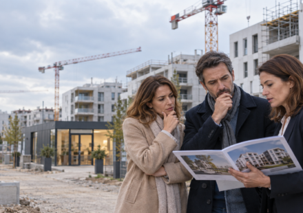 Couple étudiant un investissement immobilier neuf avec une professionnelle
