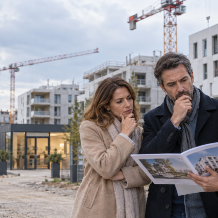 Immobilier neuf en crise : pourquoi le dispositif Jeanbrun ne séduit-il pas les investisseurs ? Couple étudiant un investissement immobilier neuf avec une professionnelle