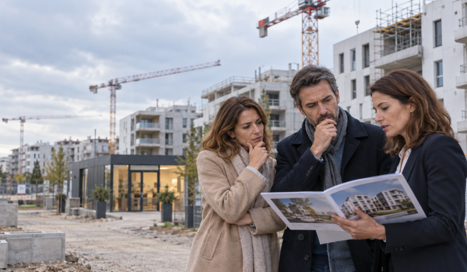 Immobilier neuf en crise : pourquoi le dispositif Jeanbrun ne séduit-il pas les investisseurs ? Couple étudiant un investissement immobilier neuf avec une professionnelle