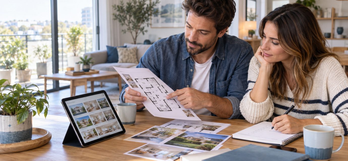 Couple comparant des annonces et un plan pour définir ses critères de recherche immobilière