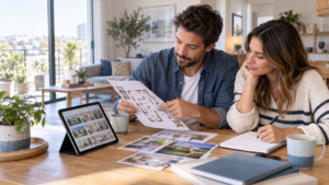 Couple comparant des annonces et un plan pour définir ses critères de recherche immobilière