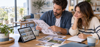 Couple comparant des annonces et un plan pour définir ses critères de recherche immobilière