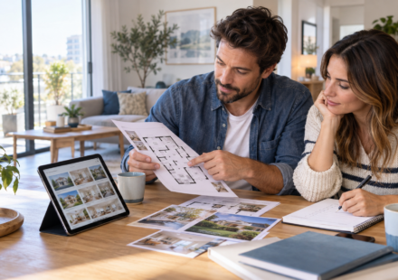 Acheter en immobilier : Comment définir ses critères de recherche pour trouver le bon logement ? Couple comparant des annonces et un plan pour définir ses critères de recherche immobilière