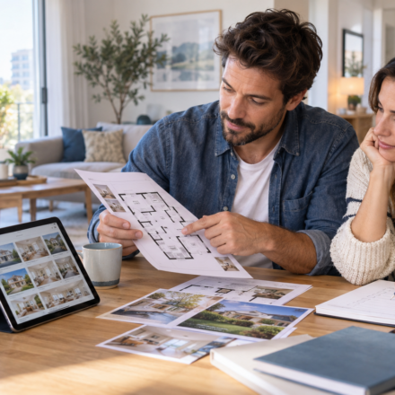 Acheter en immobilier : Comment définir ses critères de recherche pour trouver le bon logement ? Couple comparant des annonces et un plan pour définir ses critères de recherche immobilière
