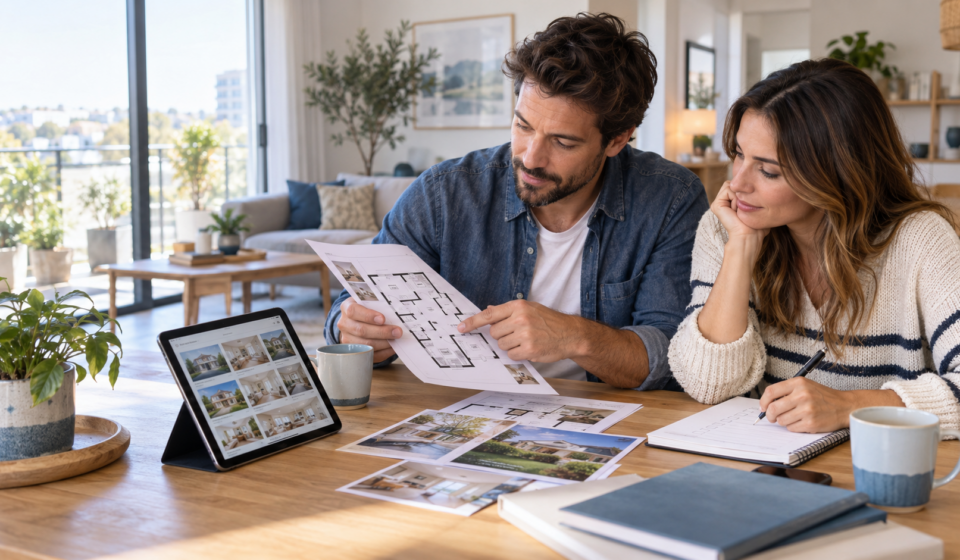 Couple comparant des annonces et un plan pour définir ses critères de recherche immobilière
