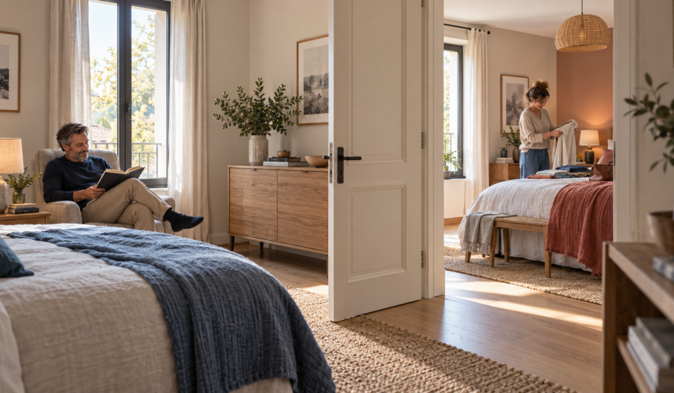 Deux chambres parentales séparées : une nouvelle façon de penser la maison du couple ? Deux chambres parentales séparées et communicantes dans une maison contemporaine