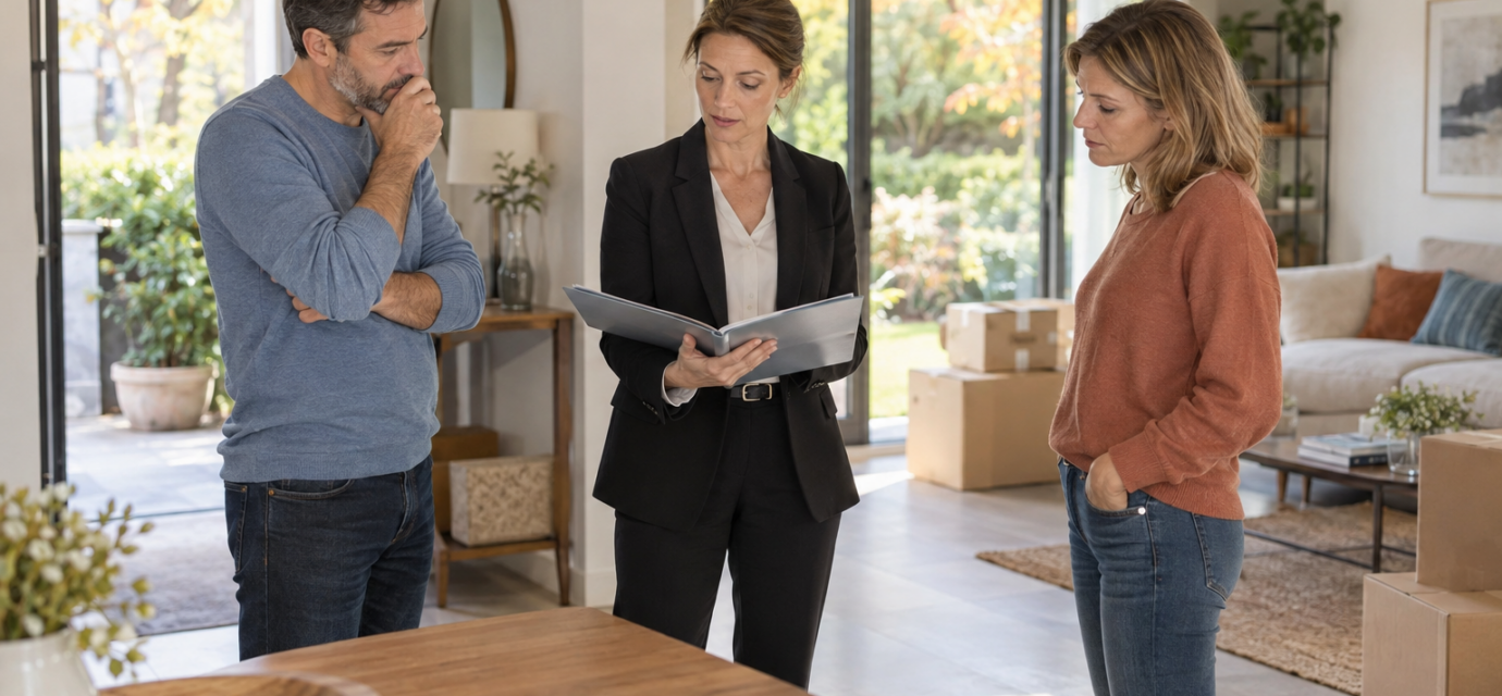 Époux accompagnés d’une avocate pour organiser l’occupation de leur maison pendant le divorce