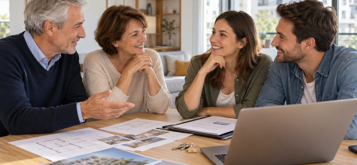 Des parents et un jeune couple discutent d’un projet d’achat immobilier autour de plans et de documents.