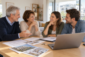 Des parents et un jeune couple discutent d’un projet d’achat immobilier autour de plans et de documents.