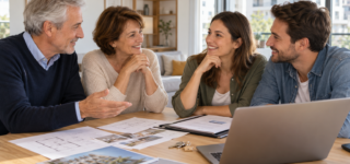 Des parents et un jeune couple discutent d’un projet d’achat immobilier autour de plans et de documents.