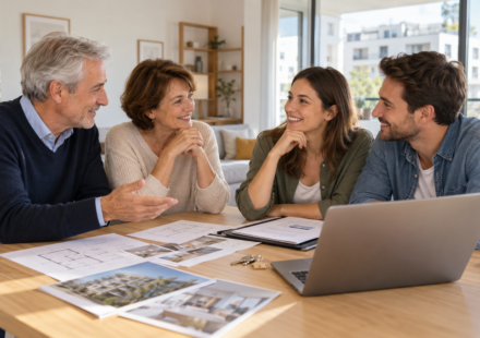 Donation familiale et immobilier : pourquoi faut-il agir avant le 31 décembre 2026 ? Des parents et un jeune couple discutent d’un projet d’achat immobilier autour de plans et de documents.