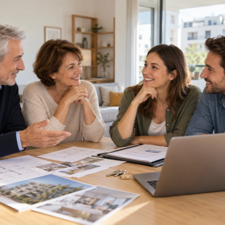 Donation familiale et immobilier : pourquoi faut-il agir avant le 31 décembre 2026 ? Des parents et un jeune couple discutent d’un projet d’achat immobilier autour de plans et de documents.