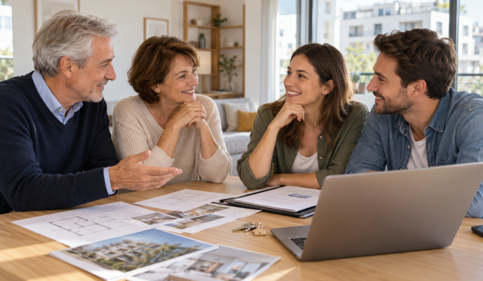 Des parents et un jeune couple discutent d’un projet d’achat immobilier autour de plans et de documents.