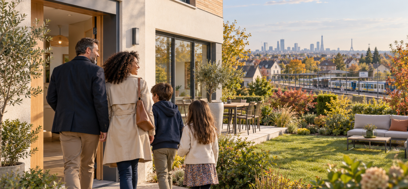 Famille devant une maison avec jardin dans une commune périurbaine proche d’une gare