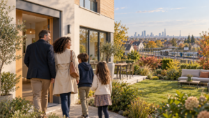 Famille devant une maison avec jardin dans une commune périurbaine proche d’une gare