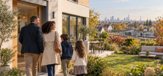 Famille devant une maison avec jardin dans une commune périurbaine proche d’une gare