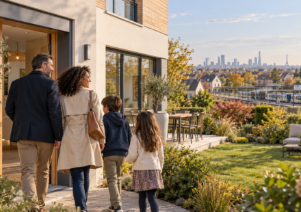 Immobilier périurbain : les familles continuent-elles de s’éloigner des métropoles ? Famille devant une maison avec jardin dans une commune périurbaine proche d’une gare
