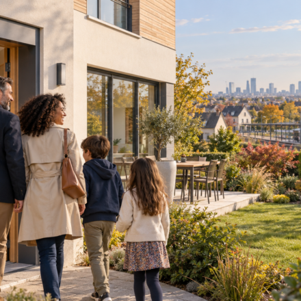 Immobilier périurbain : les familles continuent-elles de s’éloigner des métropoles ? Famille devant une maison avec jardin dans une commune périurbaine proche d’une gare