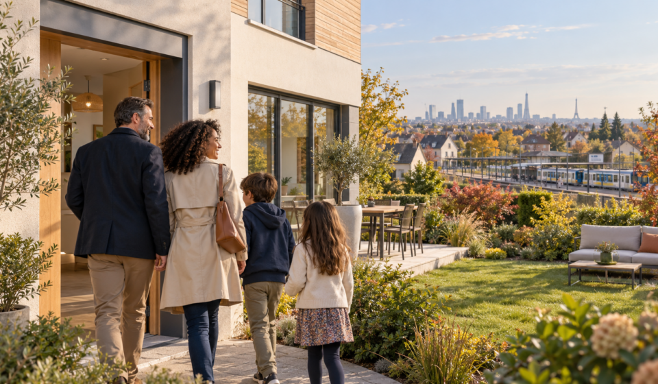 Famille devant une maison avec jardin dans une commune périurbaine proche d’une gare