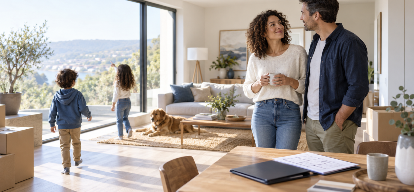 Famille découvrant une maison lumineuse dans le cadre d’un projet d’achat immobilier