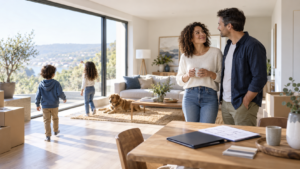 Famille découvrant une maison lumineuse dans le cadre d’un projet d’achat immobilier
