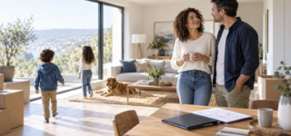 Famille découvrant une maison lumineuse dans le cadre d’un projet d’achat immobilier