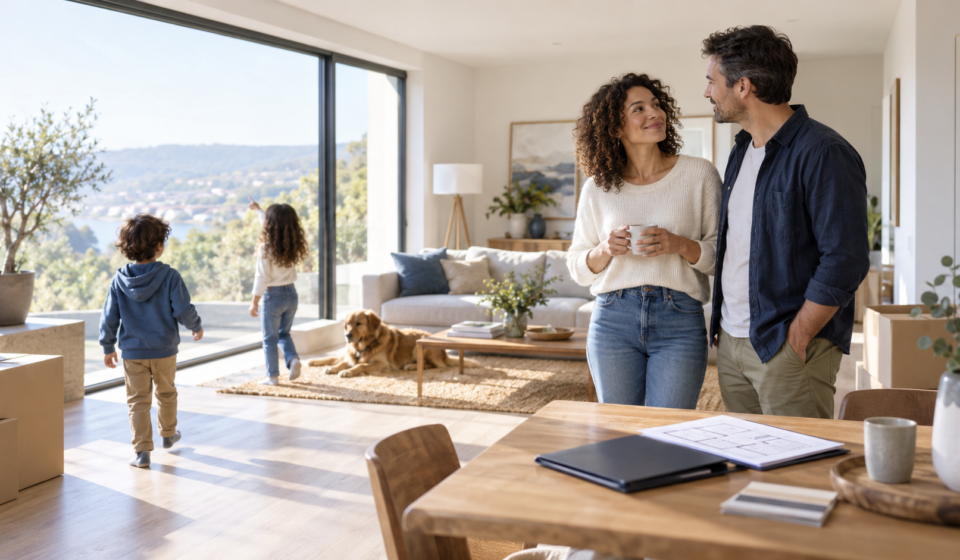 Achat immobilier : Pourquoi souhaitez-vous acheter un logement ? La question essentielle avant de commencer votre recherche Famille découvrant une maison lumineuse dans le cadre d’un projet d’achat immobilier