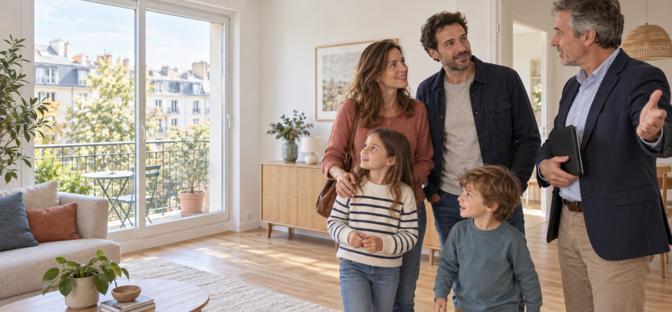 Une famille avec deux enfants visite un appartement à louer avec un agent immobilier