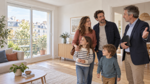 Une famille avec deux enfants visite un appartement à louer avec un agent immobilier