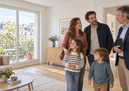 Une famille avec deux enfants visite un appartement à louer avec un agent immobilier