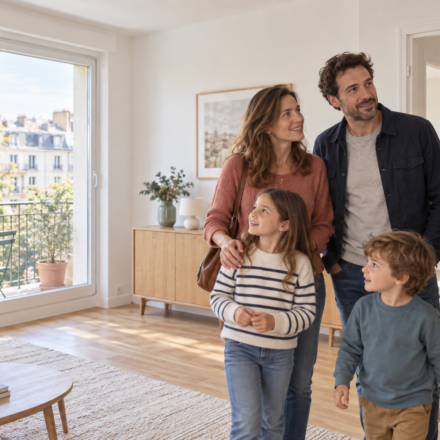 Immobilier locatif, où en est réellement le marché en 2026 ? Une famille avec deux enfants visite un appartement à louer avec un agent immobilier