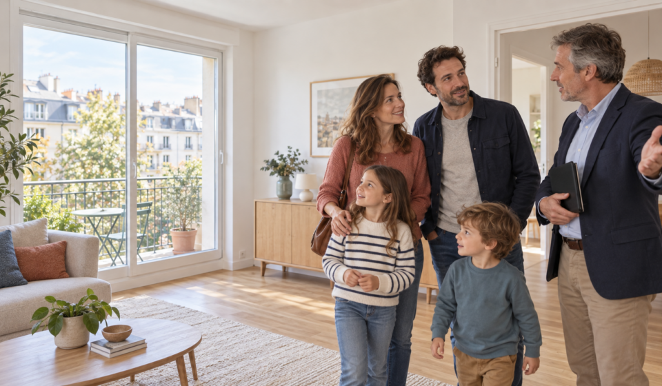 Une famille avec deux enfants visite un appartement à louer avec un agent immobilier
