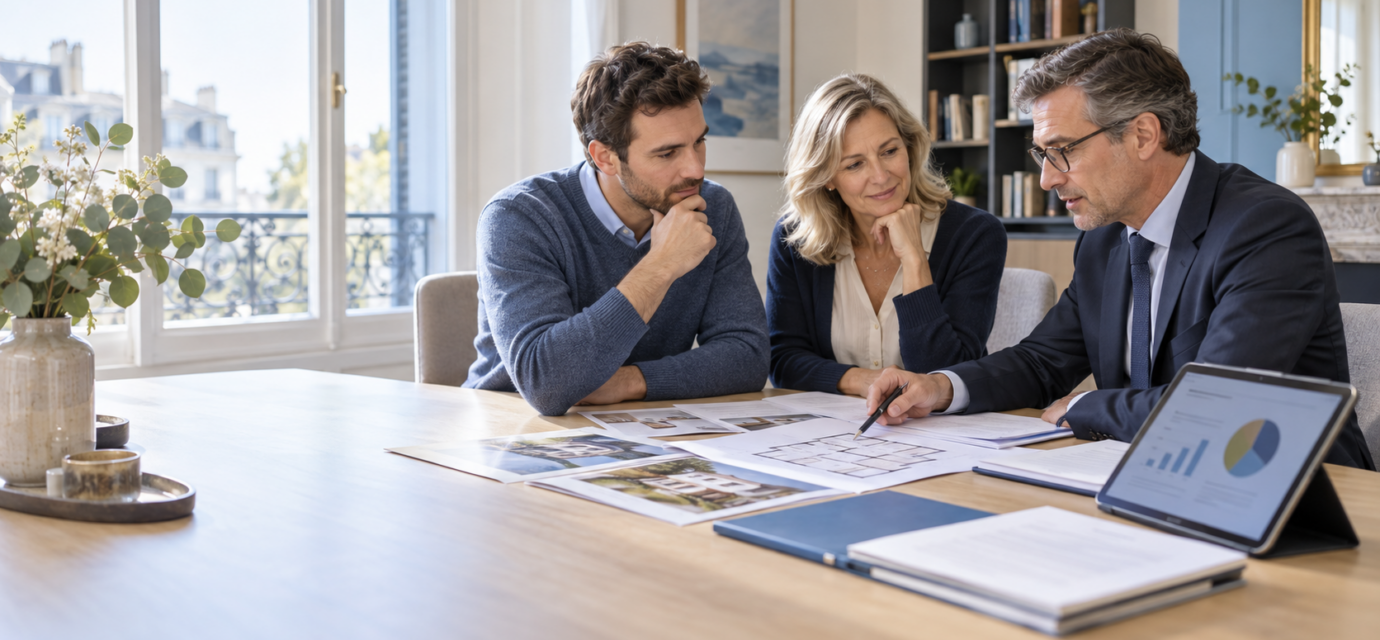 Achat immobilier : Quels frais faut-il ajouter au prix du logement avant d’acheter ? Acquéreurs étudiant avec un notaire les frais à ajouter au prix d’un logement