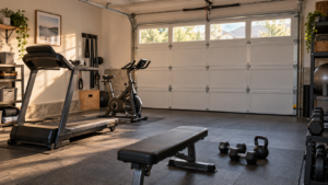 Garage aménagé en salle de sport avec équipements et porte de stationnement conservée