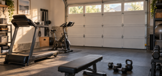 Garage aménagé en salle de sport avec équipements et porte de stationnement conservée