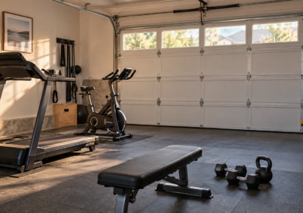 Garage transformé en salle de sport : nouvel usage ou perte de valeur immobilière ? Garage aménagé en salle de sport avec équipements et porte de stationnement conservée