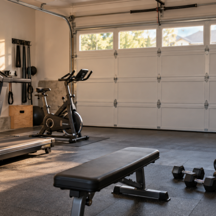 Garage transformé en salle de sport : nouvel usage ou perte de valeur immobilière ? Garage aménagé en salle de sport avec équipements et porte de stationnement conservée