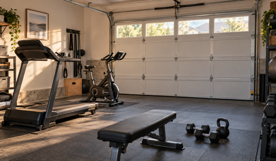 Garage aménagé en salle de sport avec équipements et porte de stationnement conservée