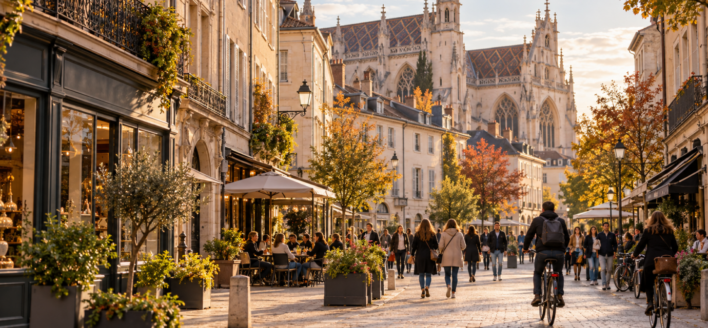 Illustration d’une rue commerçante animée évoquant le centre de Bourg-en-Bresse