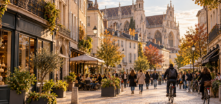 Illustration d’une rue commerçante animée évoquant le centre de Bourg-en-Bresse