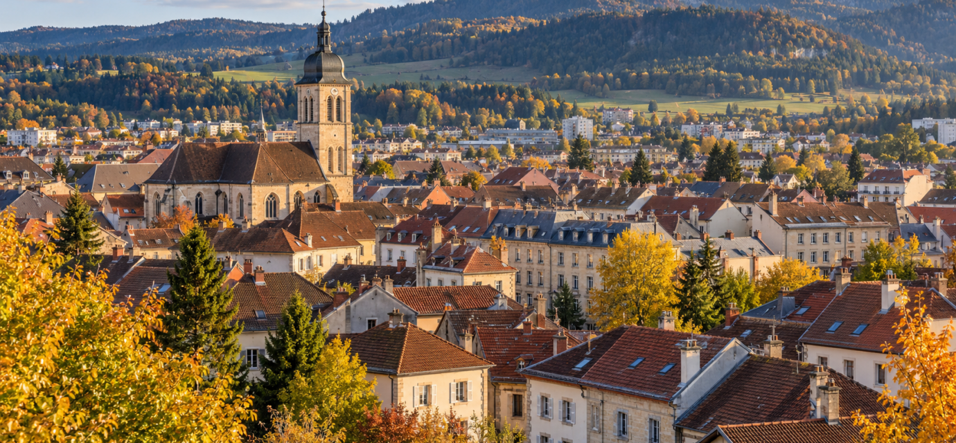 Illustration du centre de Pontarlier avec les reliefs boisés du Haut-Doubs