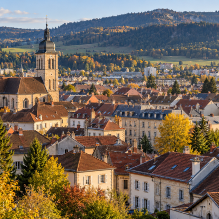 Illustration du centre de Pontarlier avec les reliefs boisés du Haut-Doubs